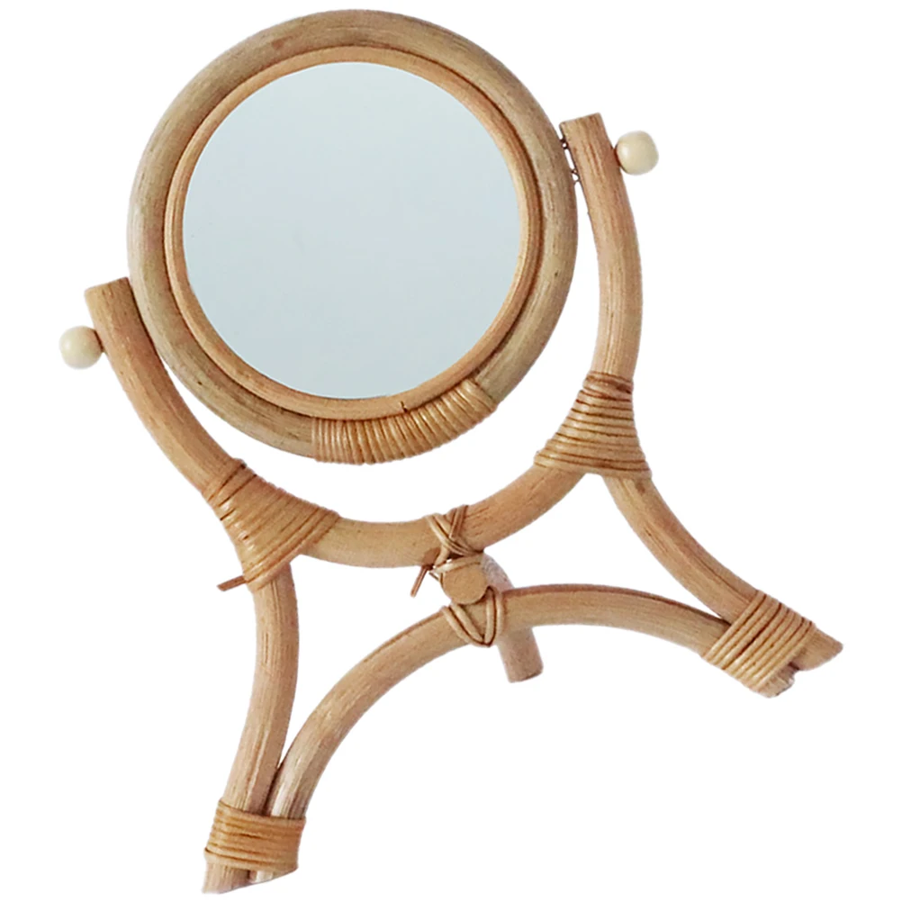 

Rattan Tabletop Vanity Mirror High Definition Reflection Natural Style Small Wicker Mirror For Desk Decorative Use