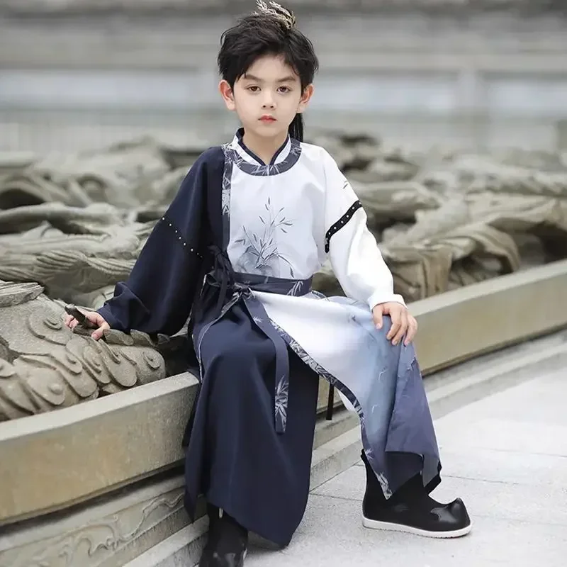 Vintage Boy Cosplay Performance Costumes for Children Spring Autumn Chinese Traditional Ink Painting Swordsman Hanfu Dresses