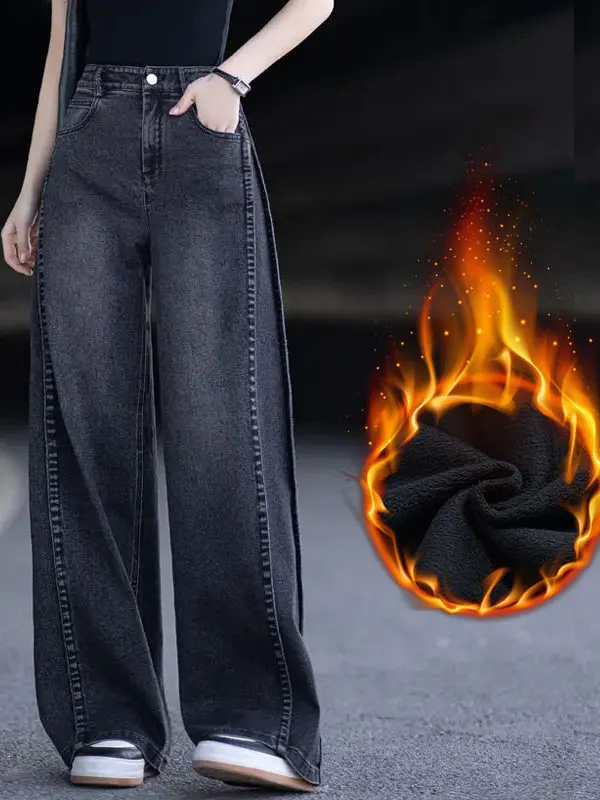 

Новые зимние женские джинсы с высокой талией и прямыми штанинами на подкладке, повседневные износостойкие удобные посадки