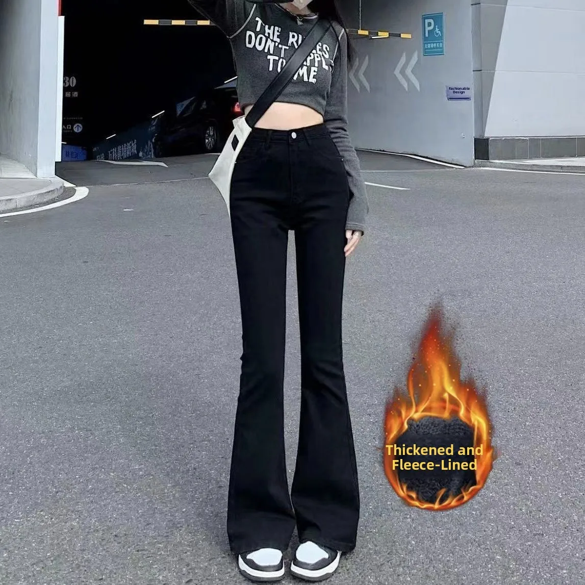 

High Waist Flared Jeans Women's Fleece Lined Thickened Slimming Bootcut Pants Casual Cotton Polyester Denim Black Autumn Winter