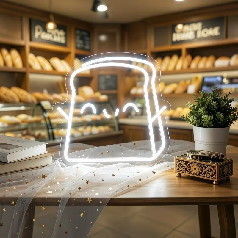 Smiley Toast Bread Neon Lamp LED Wall Hanging Light Bakery Coffee Shop Window Decor Restaurant Business Sign Atmosphere Light
