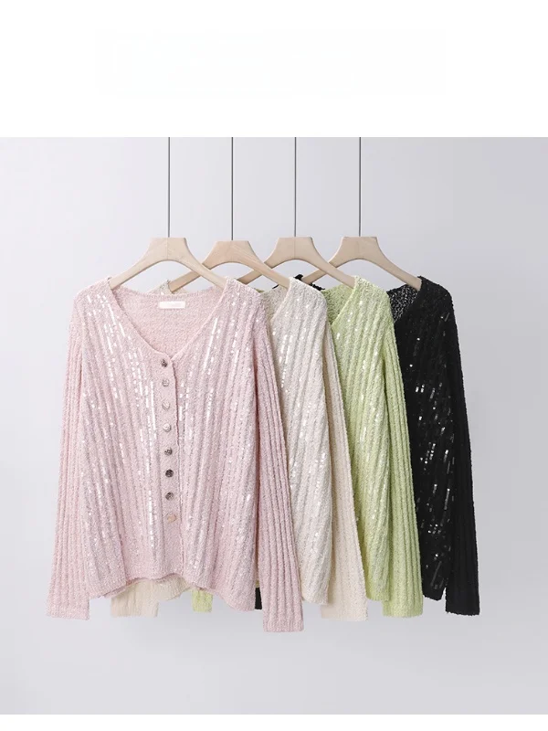 

Женский вязаный свитер PengJia больших размеров с длинным рукавом, бисером и пайетками, повседневный стиль, V-образный вырез, весенняя мода, высокое качество, универсальный