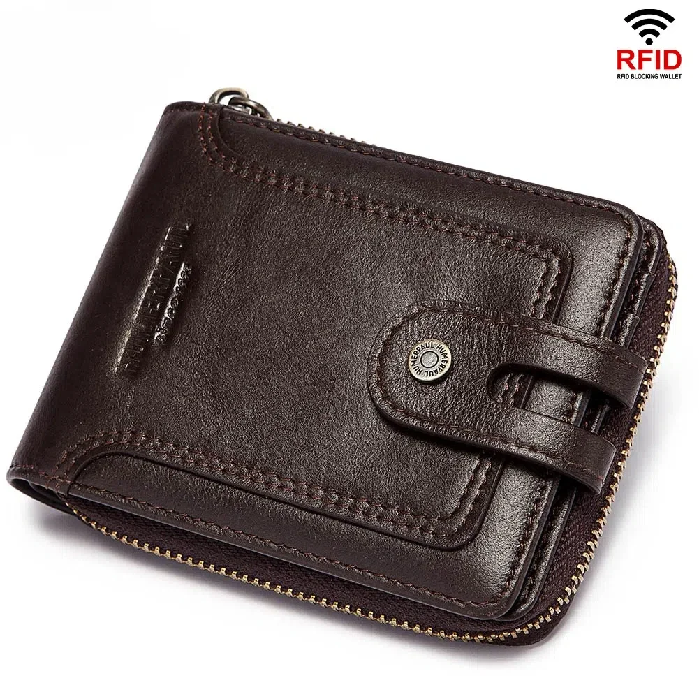 Men's genuine leather wallet, top layer, cowhide, short coin purse, zipper, vintage leather goods men's bag