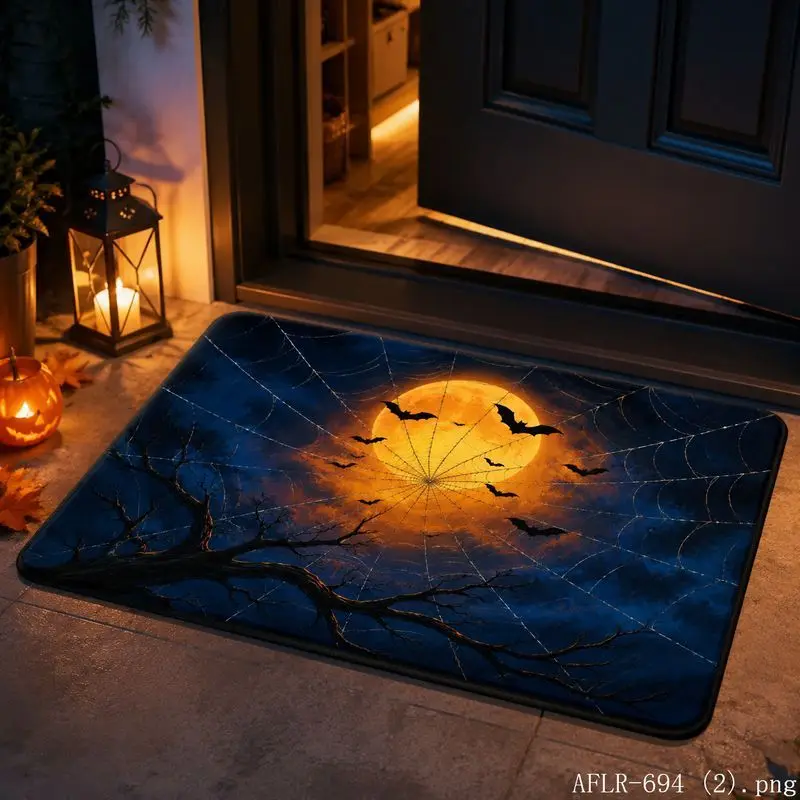 VIKAMA Halloween Bat Pumpkin Moon Door Mat Gothic Non Slip Home Mat Holiday Party Decor Floor Mat