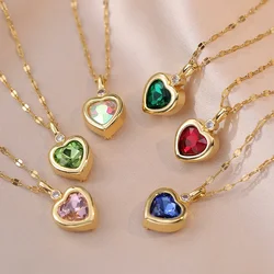 Colorful Zircon Love Heart Pendant Necklaces for Women Girls Stainless Steel Chain Trendy Romantic Jewelry Accessories Gifts