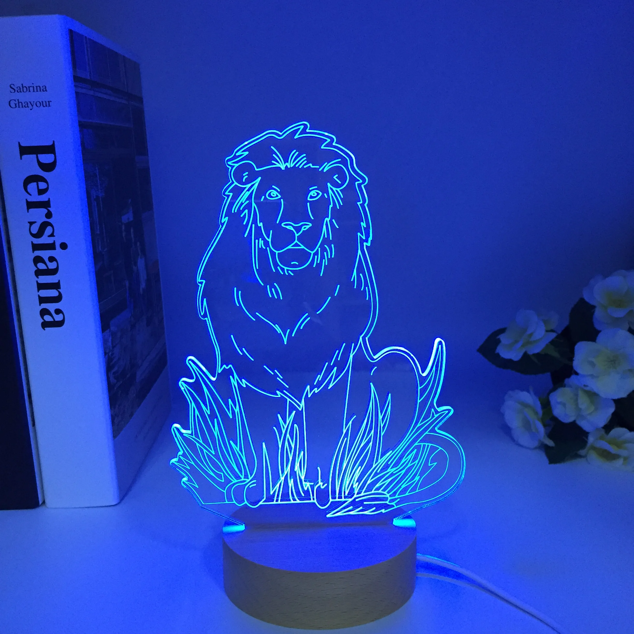 Colorful Lion Animal 3D Lamp Creative Desktop Bedroom Night Light LED Acrylic Wooden Table Lamp Birthday Xmas Gifts Room Decor