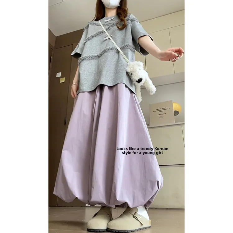 กางเกงขายาวทรงหลวม สไตล์คลาวด์ฟีลลิ่ง สำหรับผู้หญิง ฤดูร้อน 2025 รุ่นใหม่ ไซส์เล็ก ช่วยให้ดูผอมลง ลายดอกไม้