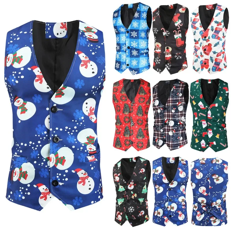 Men\'S Christmas Suit Vest  Autumn Single-Breasted Tank Winter Casual Elk Snowflakes Printed  Party Tops Navidad