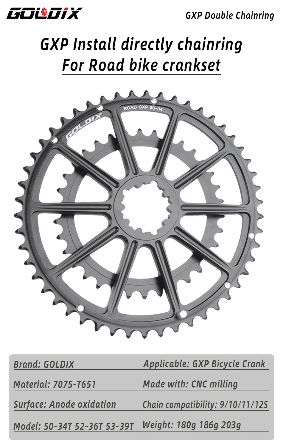 GOLDIX 3-Bolzen-Direktinstallation, Doppelkettenblatt, Aluminiumlegierungsmaterial, Hohlschneiden für SRAM 22-Gang-Rennrad-Kurbelgarnitur – Detail 1