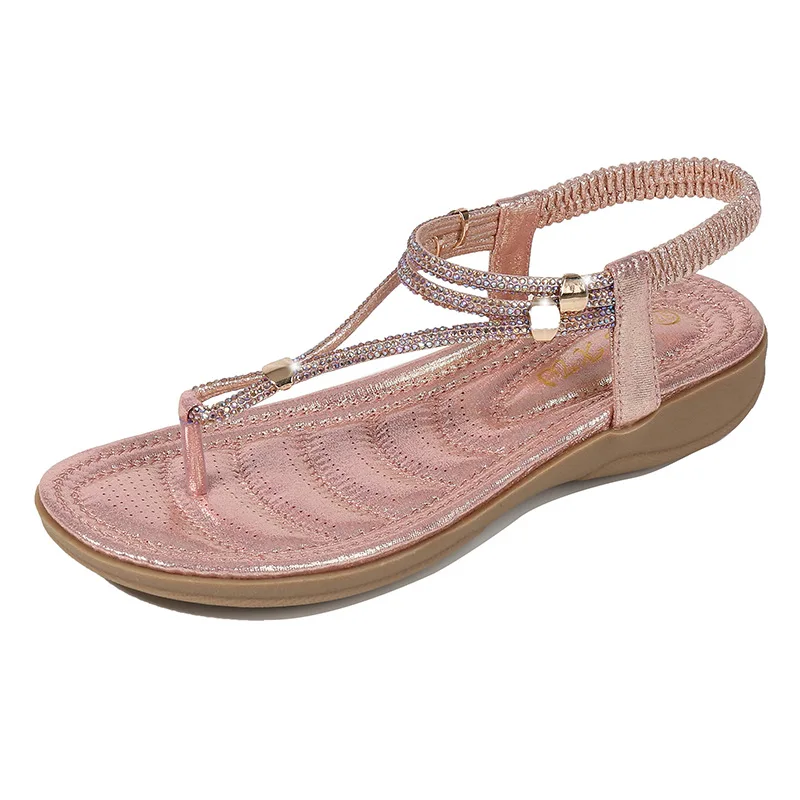 New Fashion Bohemia Women Sandles Luxury Rhinestone Outdoor Designer Wedge Shoes Women Flat Toe Sandals Ladies Beach Sandals