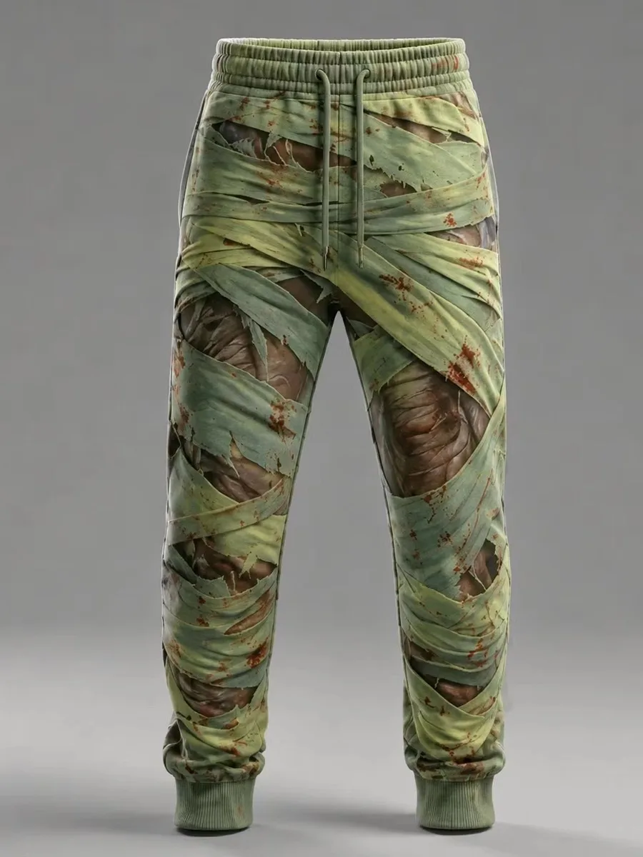 Men's Mummy Bandage Print Joggers – Drawstring Sweatpants with Distressed Flesh  Horror Graphics (Gothic Halloween Casual Pants)