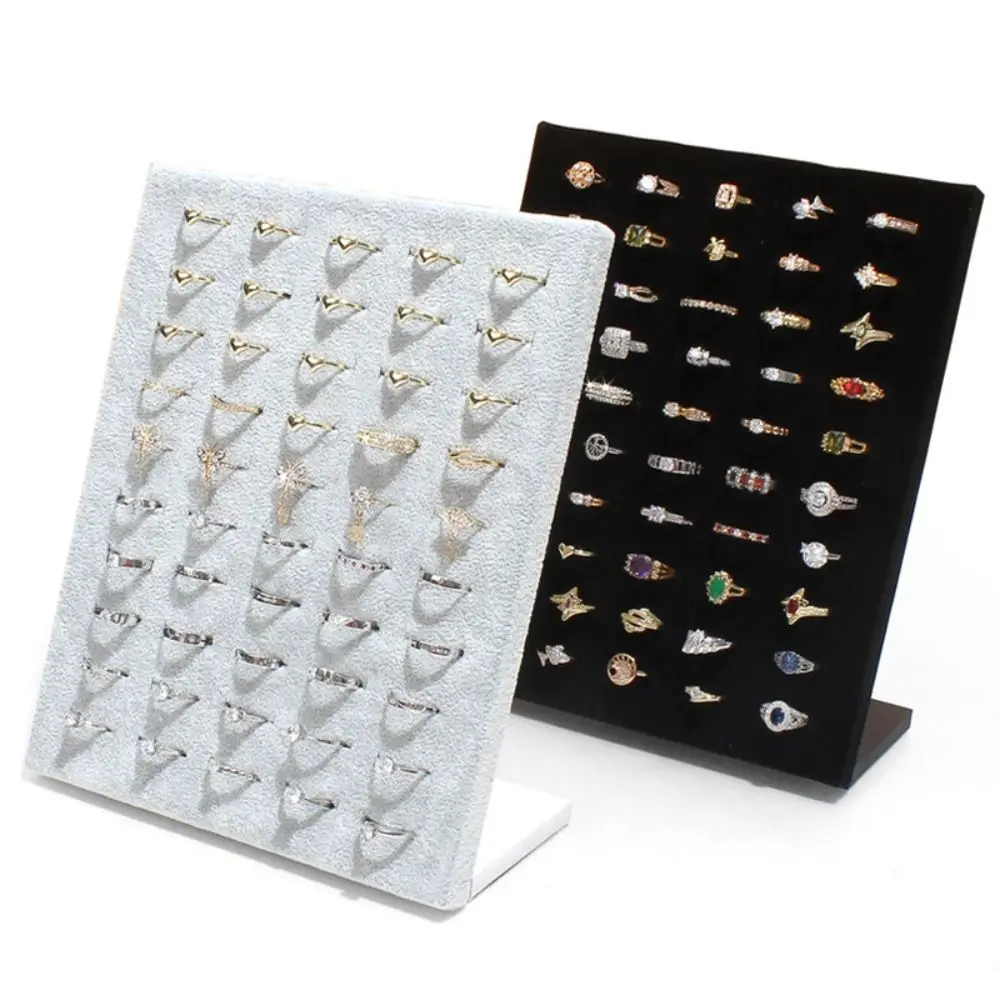 Fashion 50 Slots Rings Display Stand Black Gray Soft Velvet Jewelry Organizer Space-Saving L Shaped Ring Holder Woman Girls