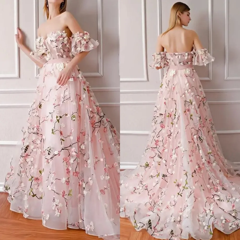 Organza Flower Draped Ruched Engagement A-line Off-the-shoulder Bespoke Occasion Gown Long Dresses