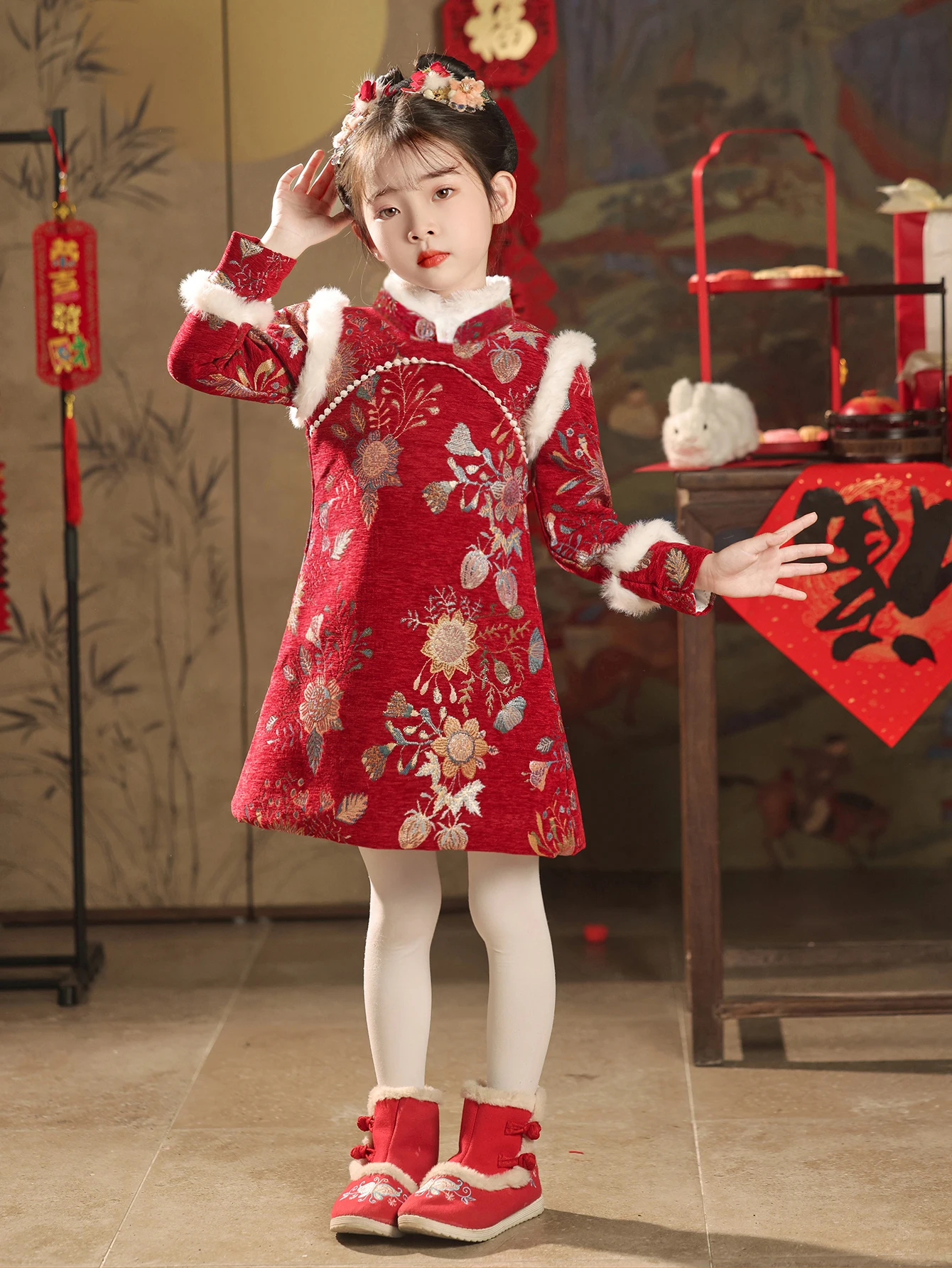 

Красное праздничное новогоднее платье для девочек, теплое высококачественное платье с длинными рукавами, осень и зима