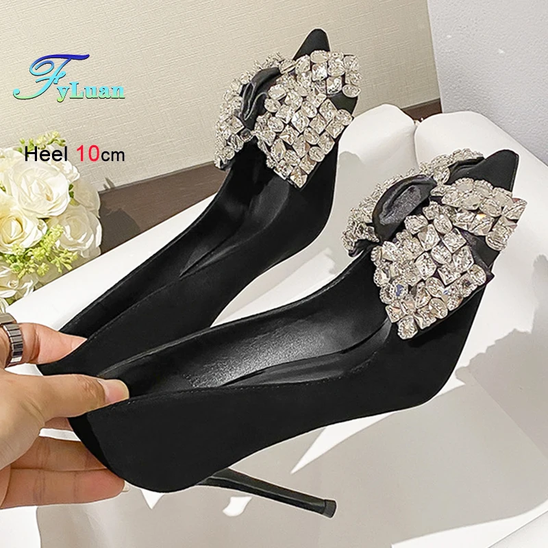 

Новый стиль, черные женские туфли-лодочки на тонком каблуке, модные замшевые туфли на высоком каблуке со стразами и бантом, туфли с острым носком и неглубоким носком