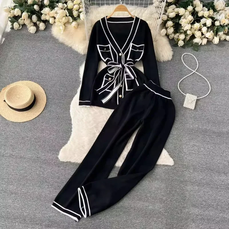 Autumn Winter Gentle Contrast Color Knitwear Suit Women Long Sleeve V-neck Lace-up Sweater Drape Wide Leg Trousers Two-piece Set