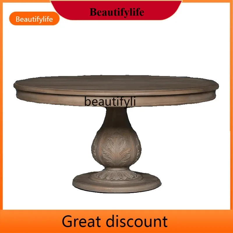 

z183 ay55 American retro solid wood round dining table dining table French antique old carved dining table and chair combinatio