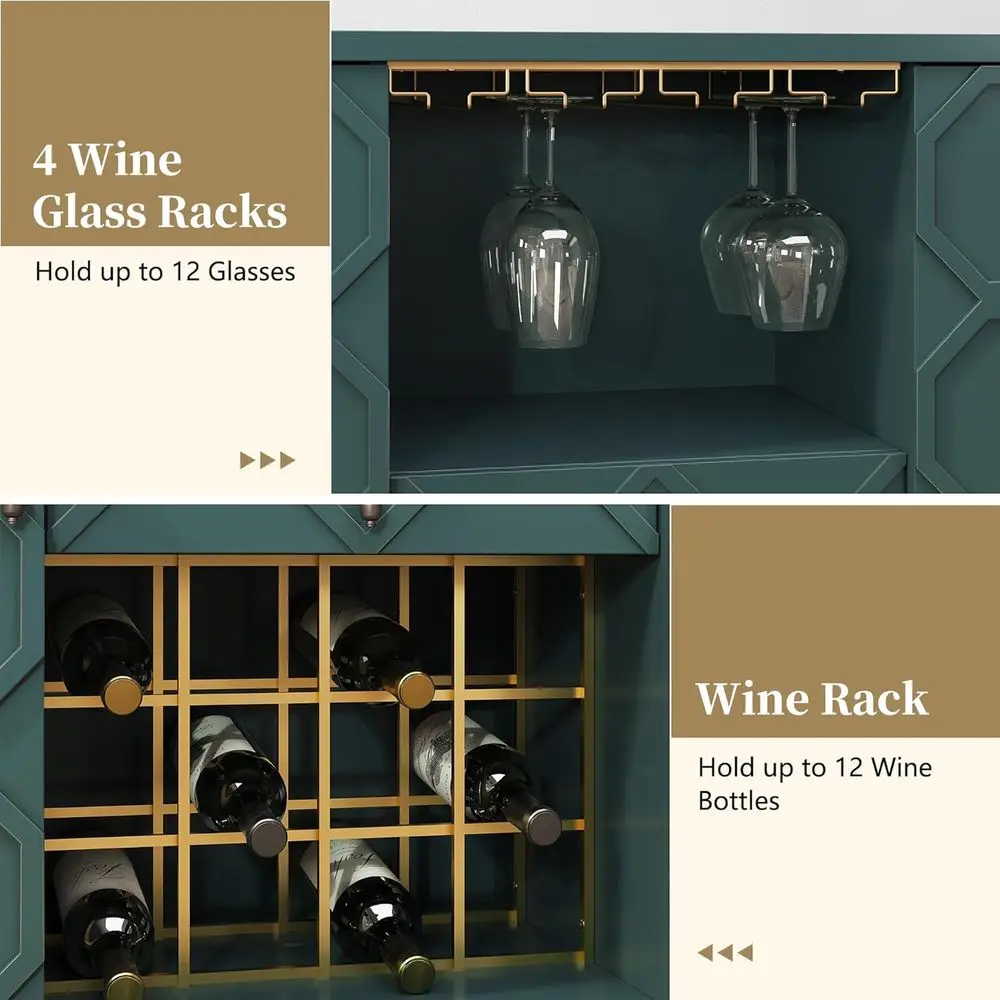 Green Geometric Door Sideboard with Wine Glass Racks and Shelves for Dining, Living, and Kitchen Areas