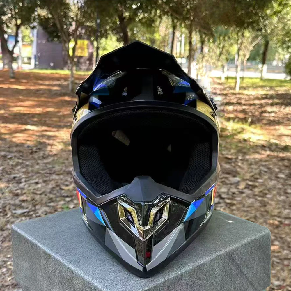 Glossy Blue Off-Road Motorcycle Helmet for Men, Colorful Stripe Print Full-Face Helmet, Adult Rally Helmet, Breathable, Removable Inner Liner, Adjustable Brim Height