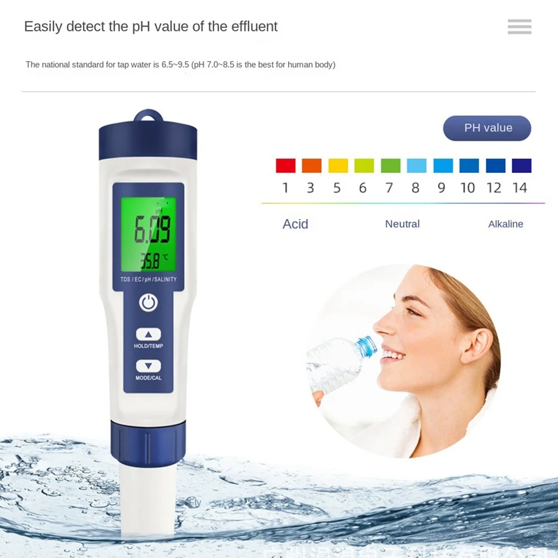 Medidor de temperatura Digital 5 en 1 TDS/EC/PH/sal/salinidad Monitor de calidad del agua probador para acidímetro de acuario
