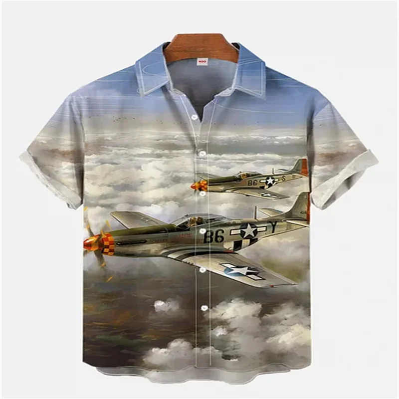 Summer men's short sleeve animal airplane print shirt, vintage single breasted shirt, fighter jet print clothing, fast shipping