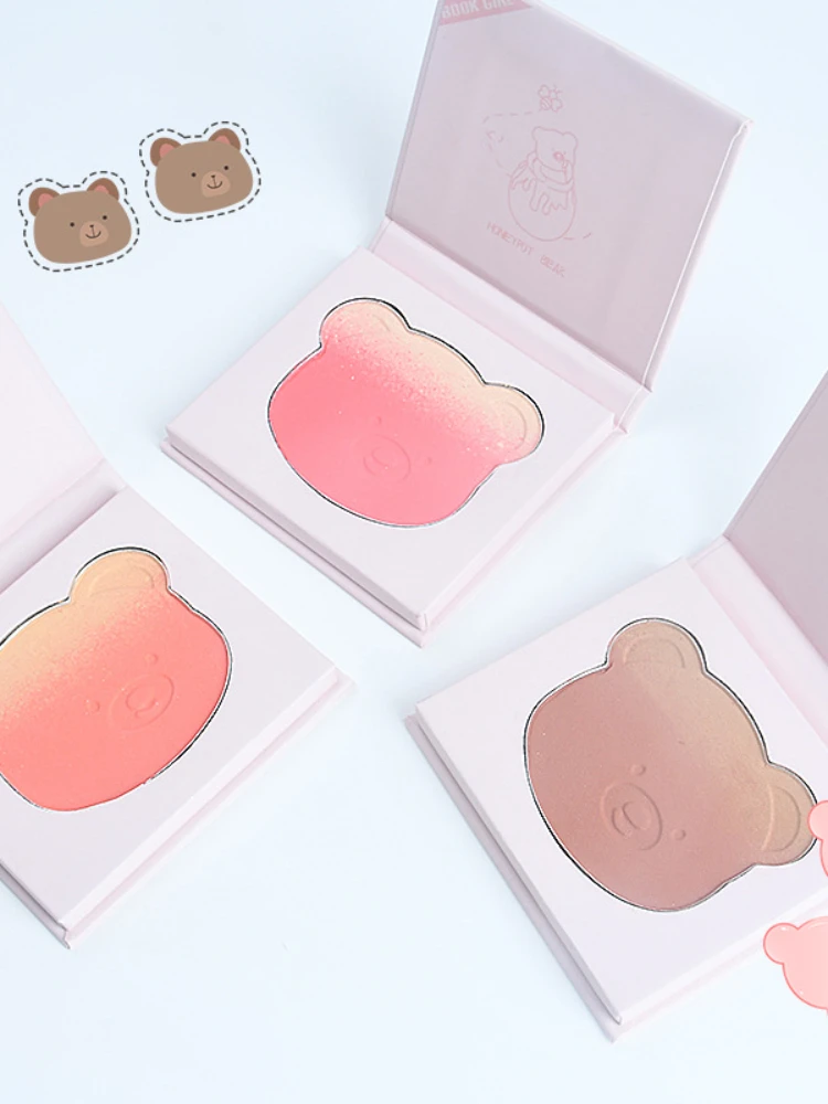 Pink Bear Gradient Blush Pallete 3 Color Peach Face Mineral Pigment Cheek Blusher Powder Makeup Contour Shadow Cute Pink Blusher