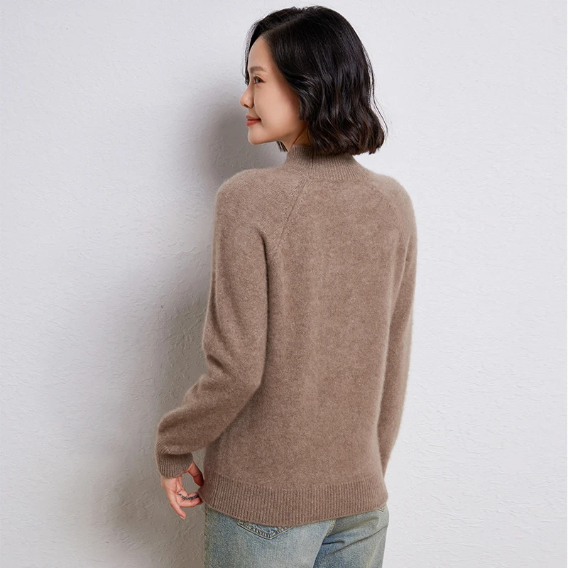 Maglione lavorato a maglia in lana merino al 100% Pullover larghi a collo semi-alto da donna Camicetta addensata a maniche lunghe alla moda Nuova camicia che tocca il fondo