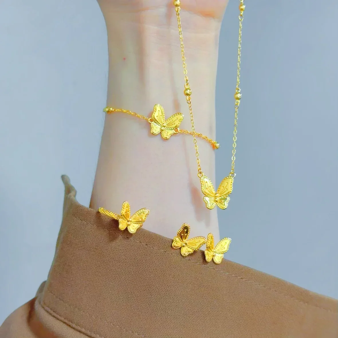 9999 Real Gold 24K Flower Moon Butterfly Four-piece Set Super Fairy Butterfly Necklace Bracelet Ring Stud Earrings Female