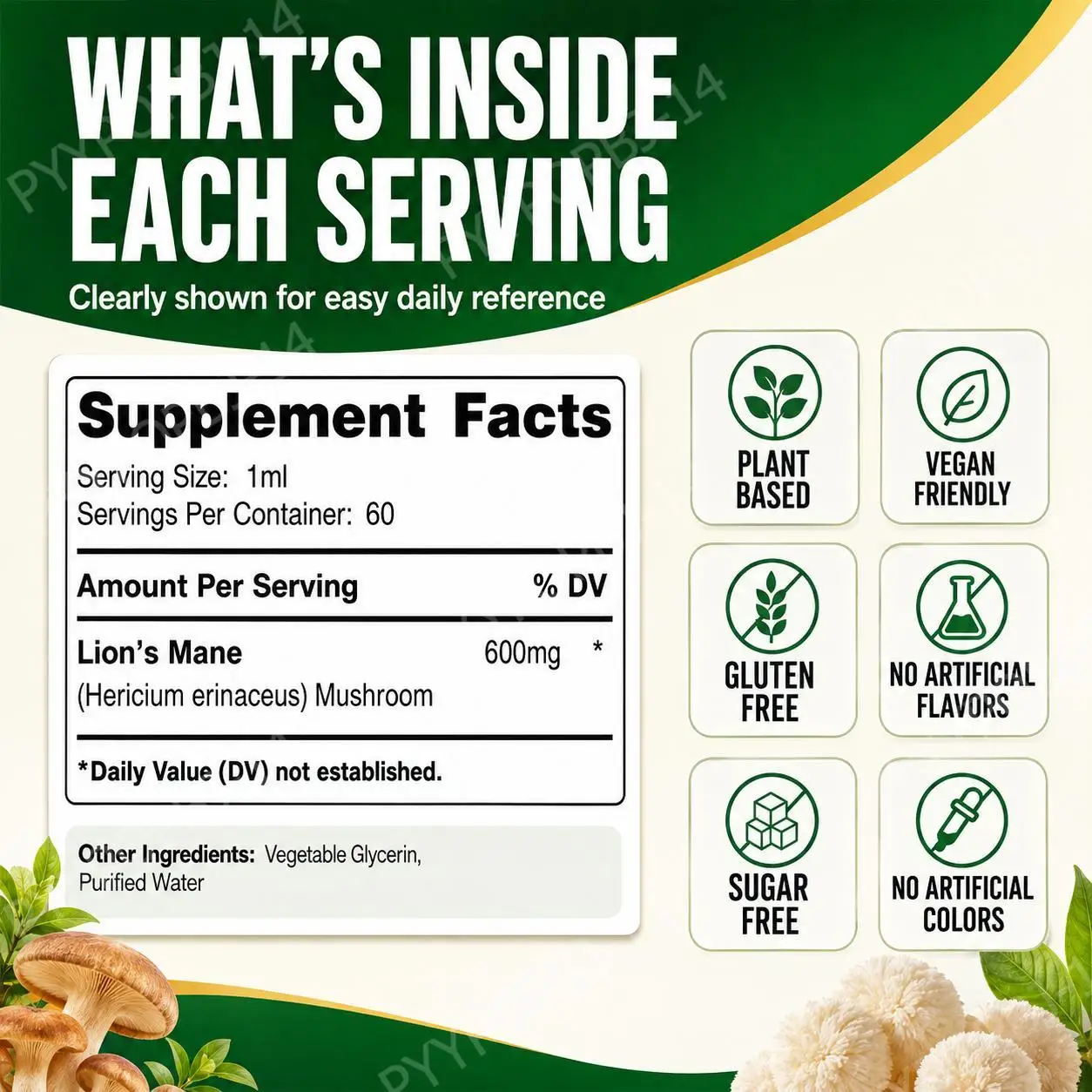 DHOP Lion's Mane Mushroom Tincture Liquid Brain & Immune Support and Gastrointestinal Health Support Lion's Mane 600 Mg 60 ML