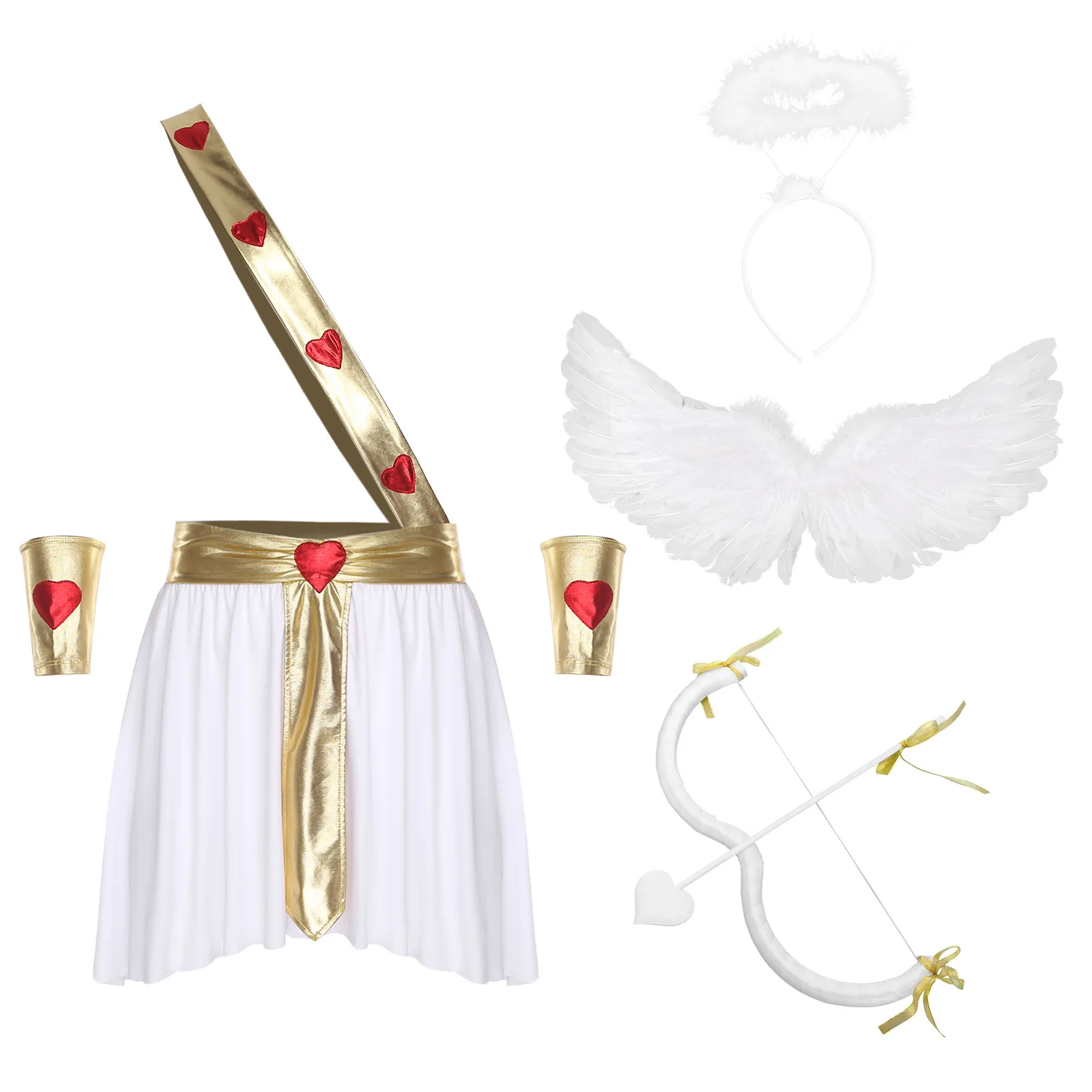 

Men Halloween Ancient Greece Roman Cupid Warrior Cosplay Outfits Heart Pattern Skirt And Wings Angel Headwear Bow And Arrow
