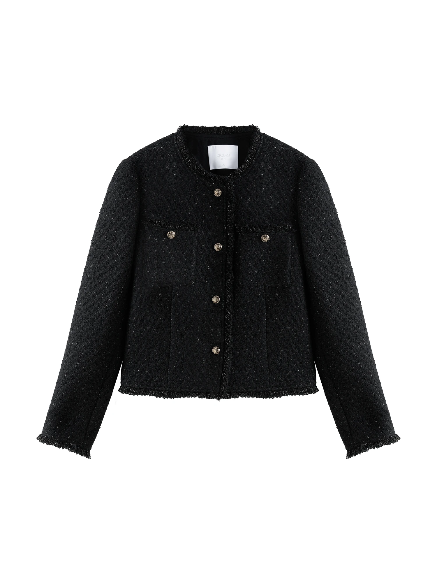 ZIQIAO-Veste en tweed à col rond pour femme, veste à boutonnage simple, 23.4% laine, noir, tempérament, court, hiver, 24ZQpayée ity 230