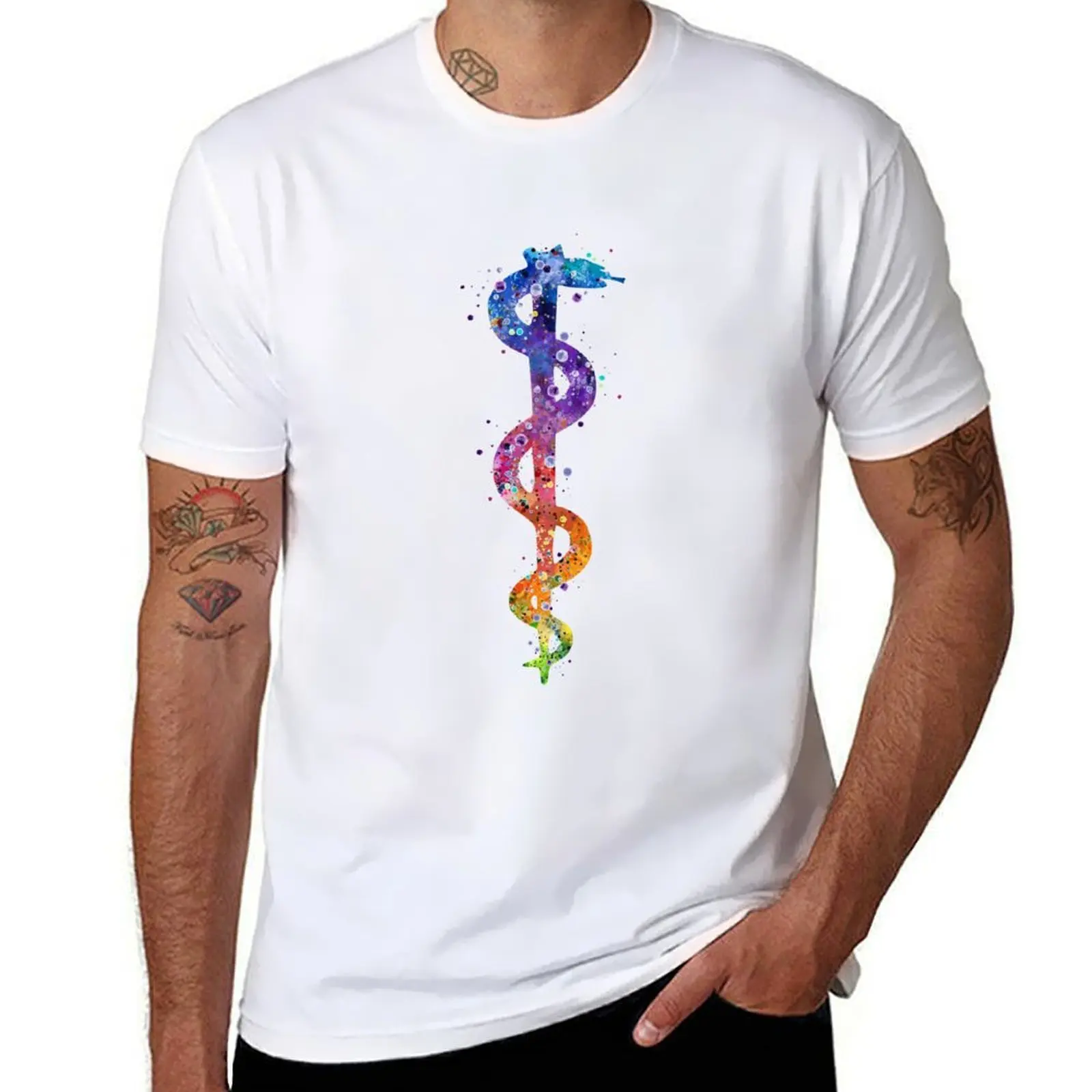

Rod of Asclepius Colorful Watercolor Pharmacy Art T-Shirt t shirts cotton 100% t shirts for man graphic vintage T-Shirt