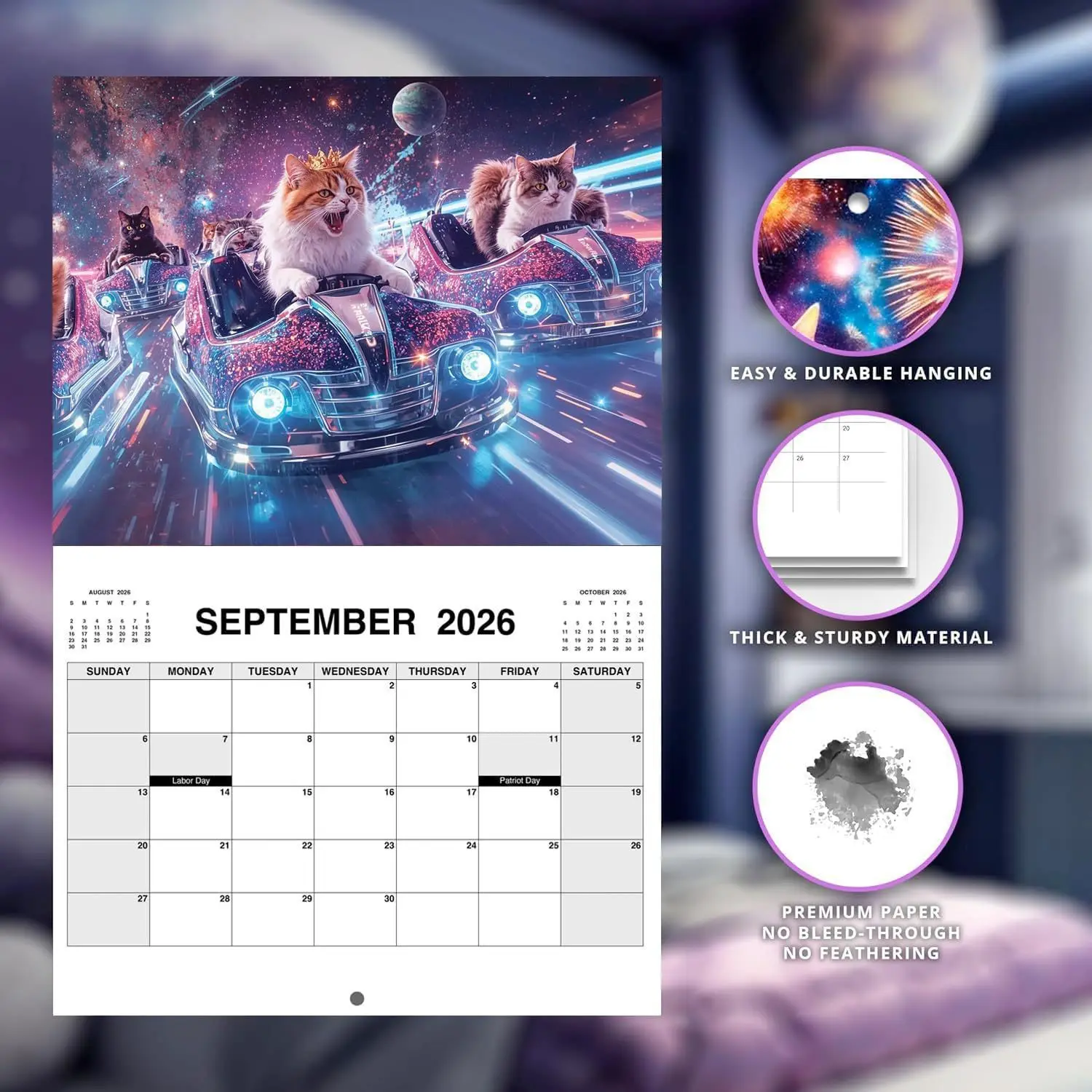 

2026 Space Cats Wall Calendar - Funny Cat Themed Gifts For Cat Lovers Spiralbound Book for Home Office Living Room Wall Decor