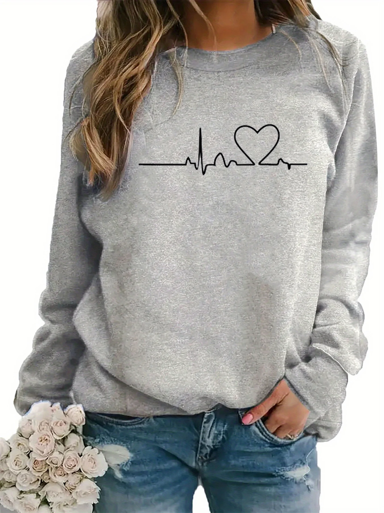 Women's autumn and winter casual loose and comfortable warm electrocardiogram graphic printed round neck long sleeved pullover