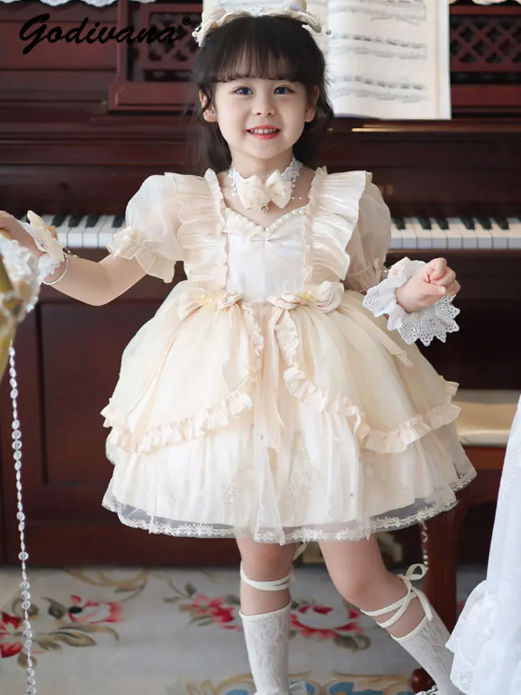 Sweet Baby Girl French Princess Lolita Dress Kids Summer New High End Heavy Puff Sleeve Ruffle Trim Pearls Neck Mesh Ball Gown