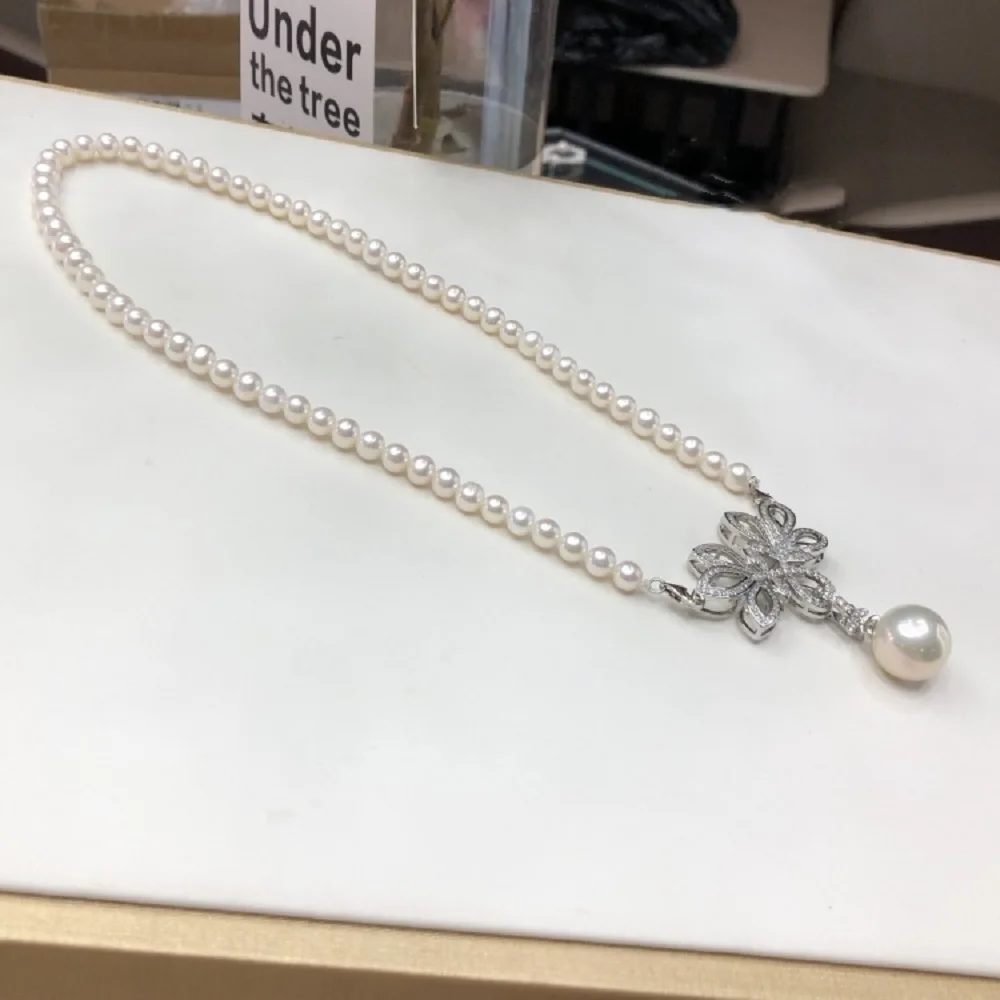 Natural Pearl AAAA6-7mm+12-13mm White Japanese Pearl Pendant Necklace 18in-925s