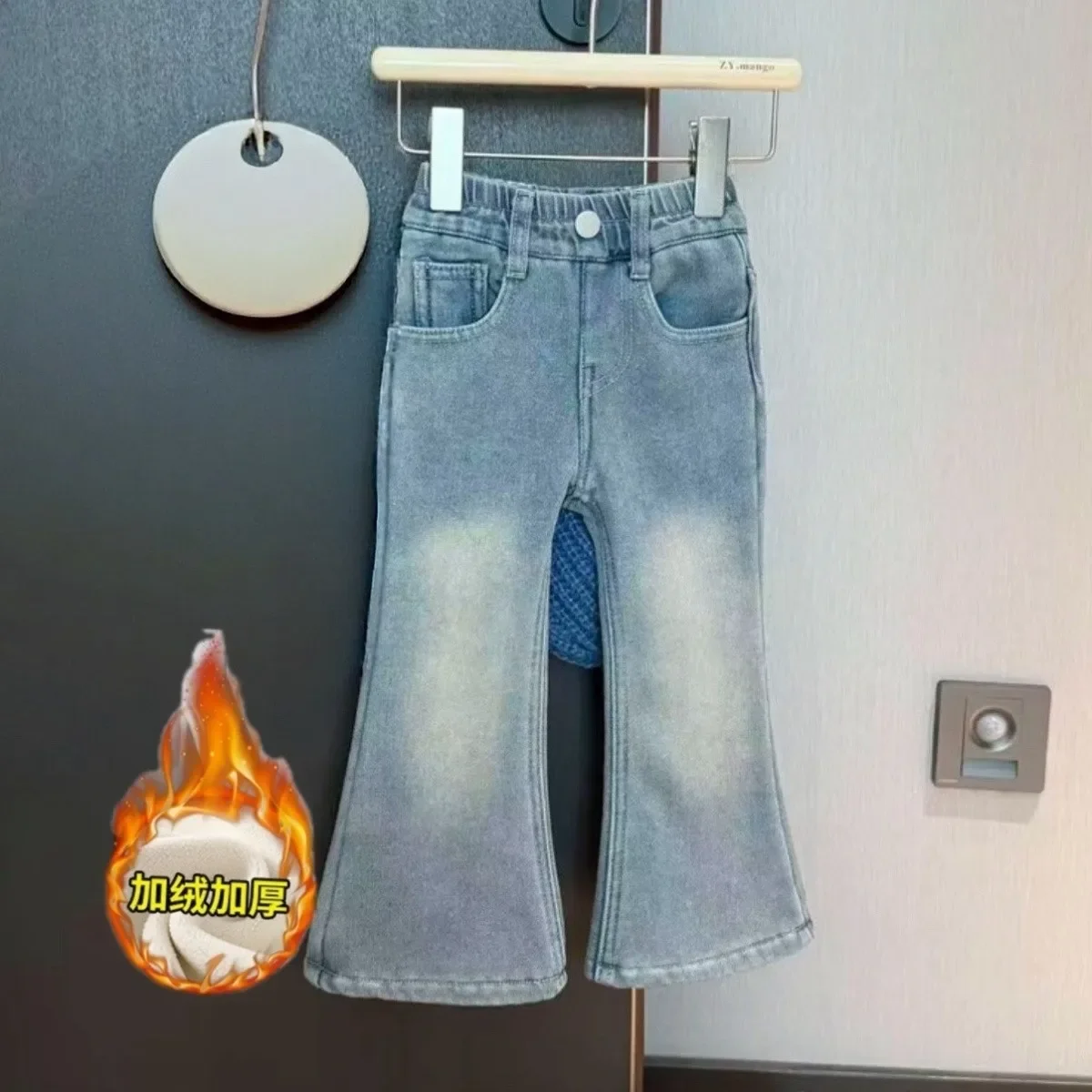 

Girls' Autumn Winter Plush Jeans Pants New Korean Style Western Children's One piece Plush Thickened Children's Bellbottom Pants