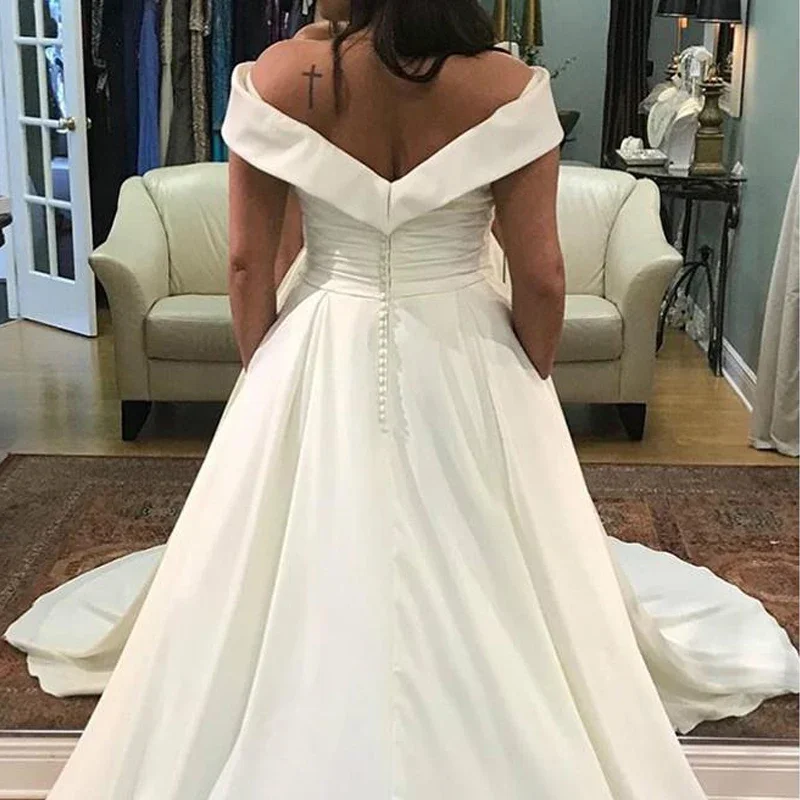 Customized  Simple Satin Chiffon Wedding Dresses for Women Off The Shoulder Plus Size Vestidos De Noiva Robe WIth pocket