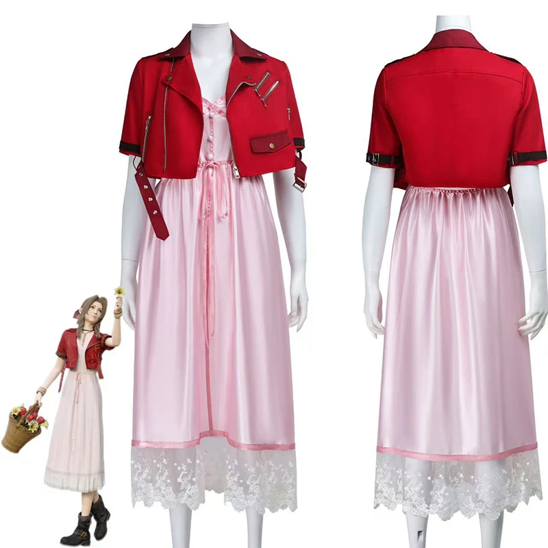 

Game Fantasy VII Remake Aerith Gainsborough Cosplay Costume Red Coat Pink Dress Two-Piece For Woman Sexy Carnival Christmas Suit