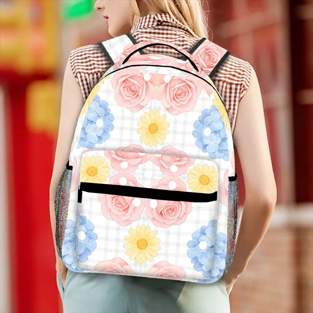 

All Over Print Floral Backpack Women, Pink Rose Daisy Plaid Casual School Travel Daypack