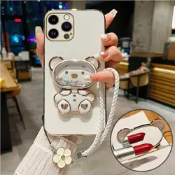 Flower Strap Mirror Bear Plating Case For iPhone 14 11 12 13 Pro Max 13 12 Mini 8 7 6 6S Plus 10 X Xr Xs Max SE 2020 Cover