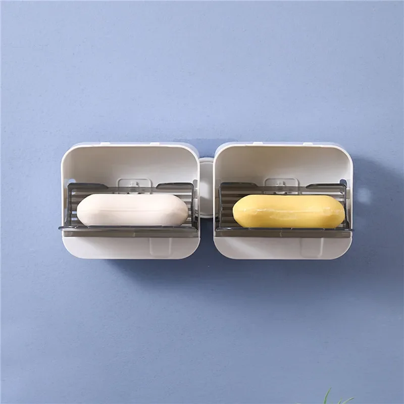 Practical Wall Mounted Soap Holder Box With Flip Lid Free Punch Drain Dish Double Grids Draining Rack For Home Bathroom