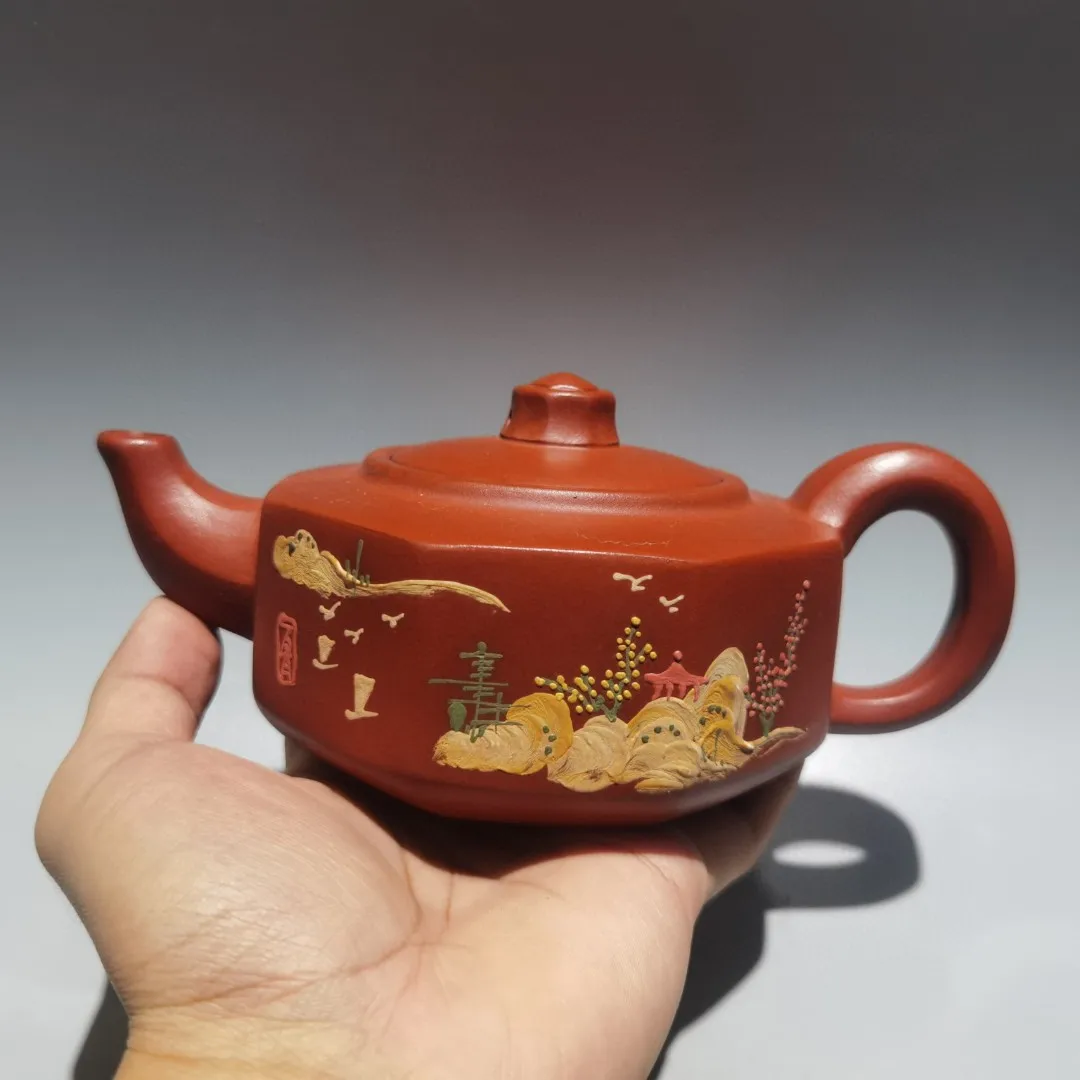 Old Yixing Purple Clay Teapot Raw Red Clay Mud painting Landscape pattern Eight sided teapot Kettle Teapot Flagon