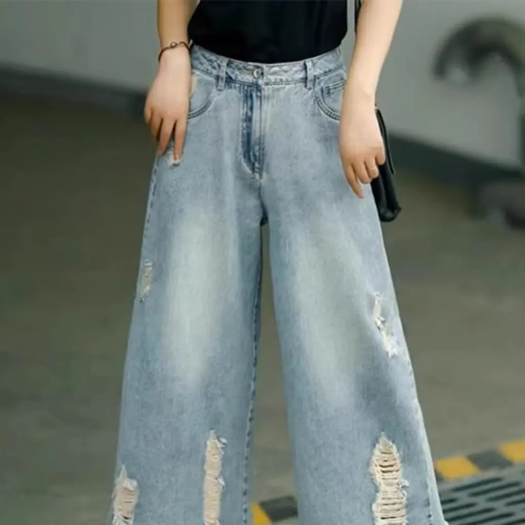 

Vintage High Waist Ripped Jeans Women's Summer Thin Wide Leg Casual Pants Short Cropped Loose Fit