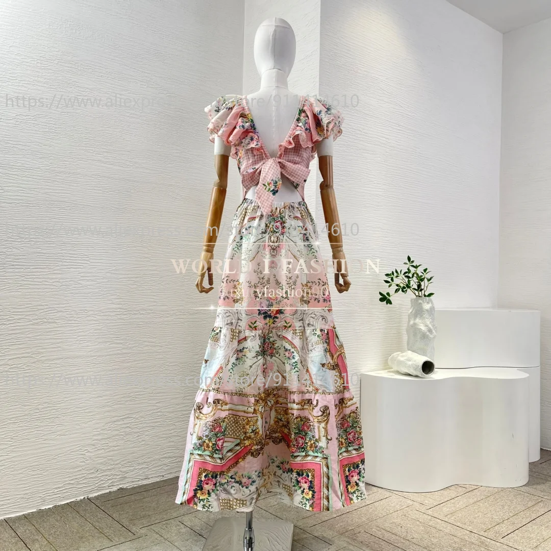 

Summer Pink Floral Print Gingham Patchwork Deep V Back Bow Tie Tiered Ruffle Midi Dress
