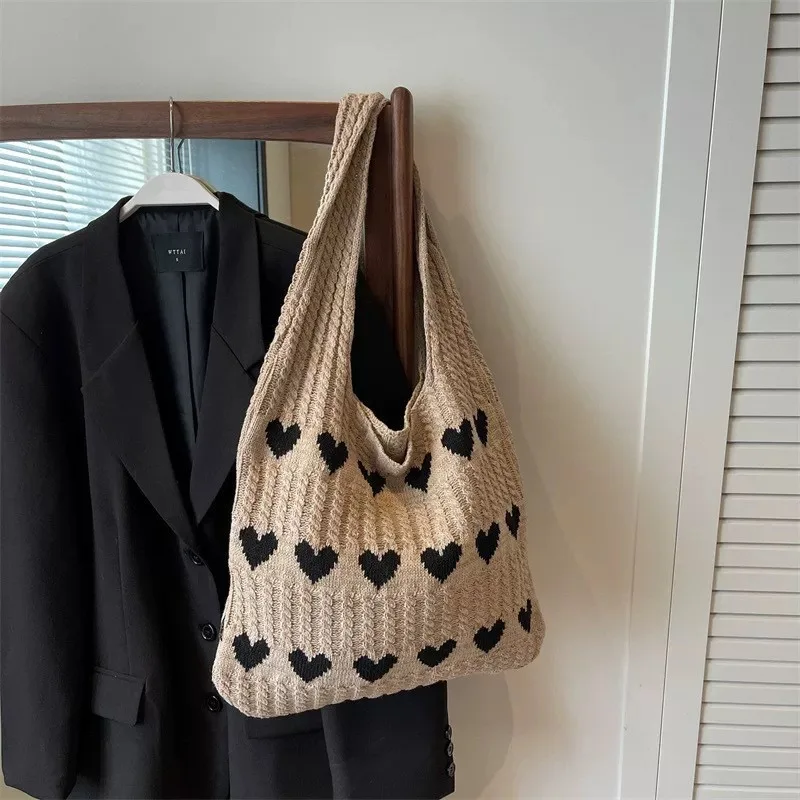 1 Stück Neue Liebesmuster-Stricktasche mit Großer Kapazität, Modische Damen-Schulterhandtasche für Tägliche Einkäufe und Aufbewahrung – Detail 3