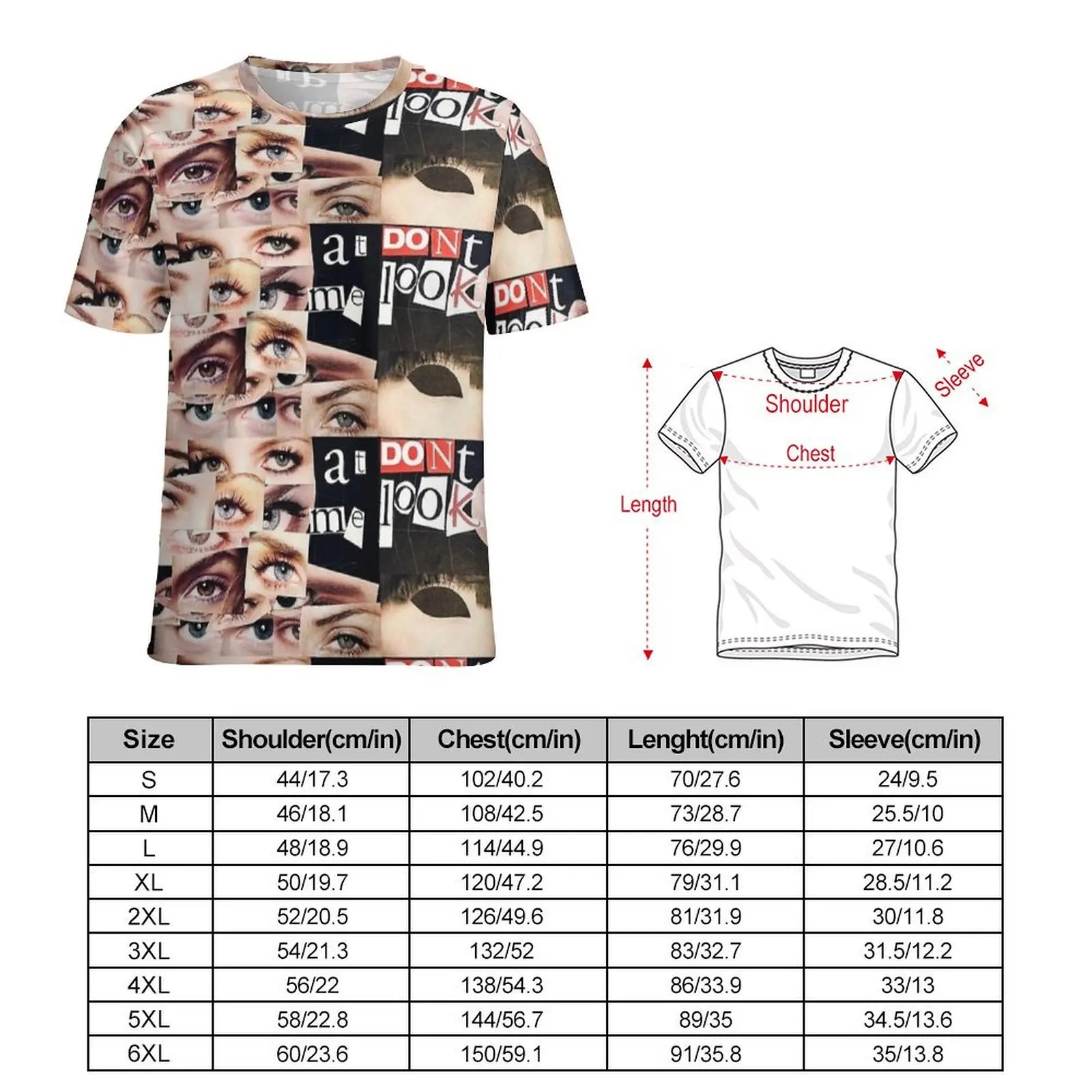 Grunge Collage Woman Eyes Text Art Print T Shirt Harajuku T Shirts Men Awesome Tee Shirt Summer Short-Sleeve Design Top Tees