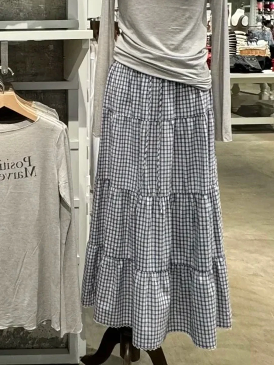 

Drawstring Plaid Long Skirt Women Summer Elastic Waist Vintage Simple A-line Maxi Skirts Sweet Casual Fashion Faldas Bottom Jupe