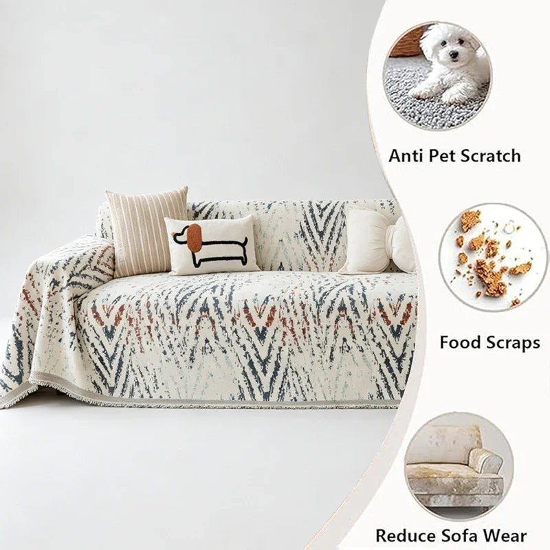 Streak Jacquard Tassel Chenille Sofa Throw, Abstract Color Full Coverage All Season Couch Protector Decor