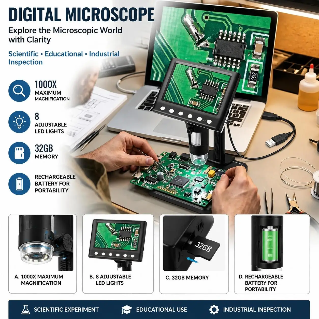 Inspection Microscope 1000x Magnification with 8 LED Lights Digital Microscope for Soldering Electronic Circuit Board Repair Lab Industrial Precision Optical Instrument Camera US Stock Fast Shipping 32GB Memory